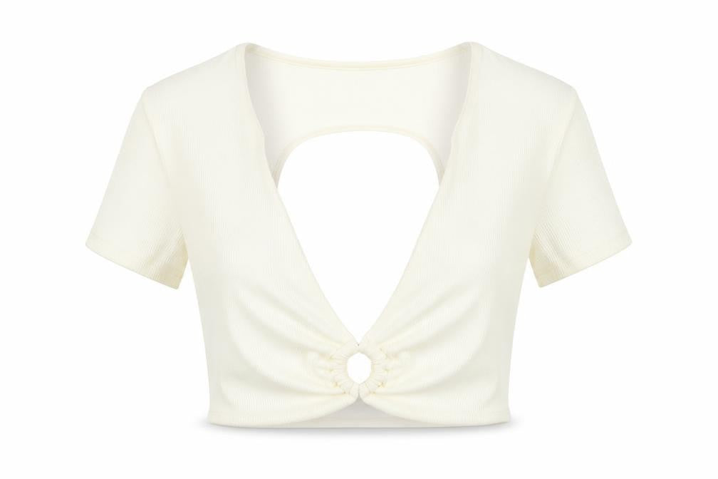 Bershka Women Ivory Cropped V-Neck Cut Out Slim T-Shirt M
