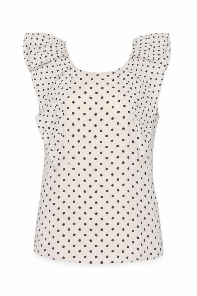 Warehouse Women’s Beige Polka Dot Chiffon Blouse UK 8 Classic Scoop Neck