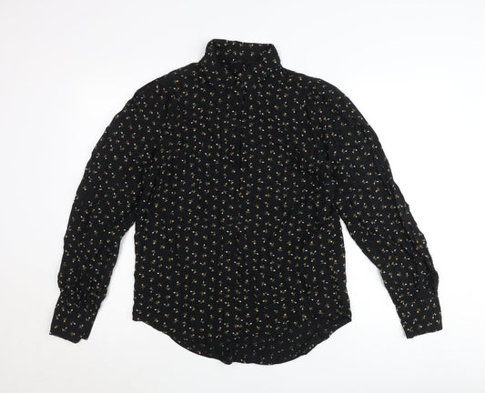Next Womens Black Floral Button-Up Tunic Shirt Size 8 Long Sleeve