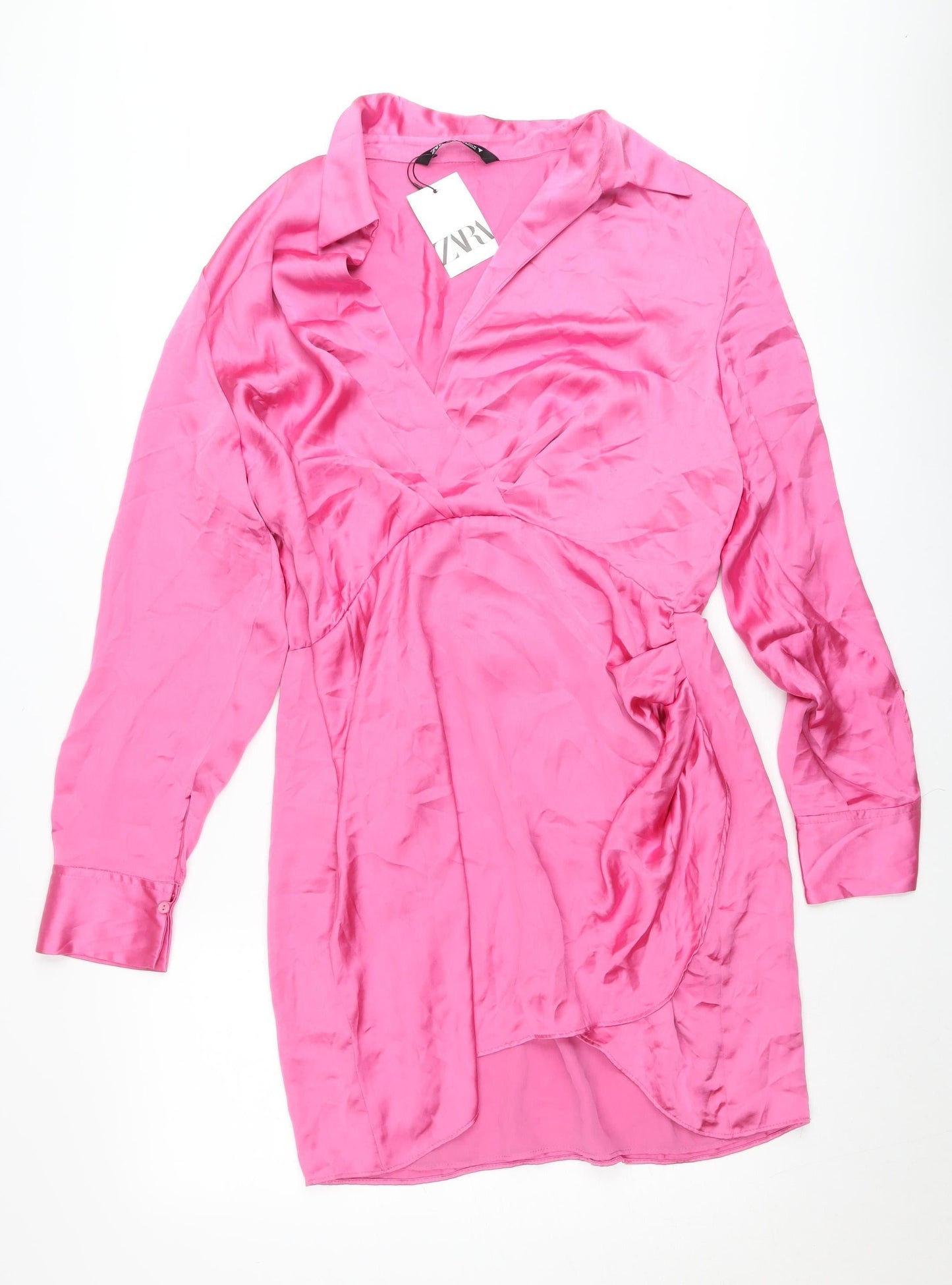 Zara Women Pink 2XL Satin Wrap Dress Long Sleeve Ruched Party