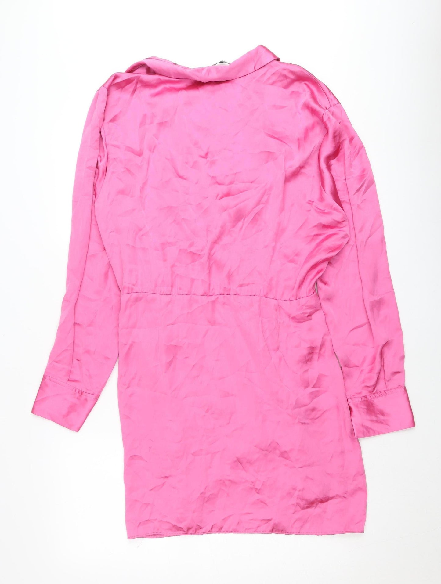 Zara Women Pink 2XL Satin Wrap Dress Long Sleeve Ruched Party