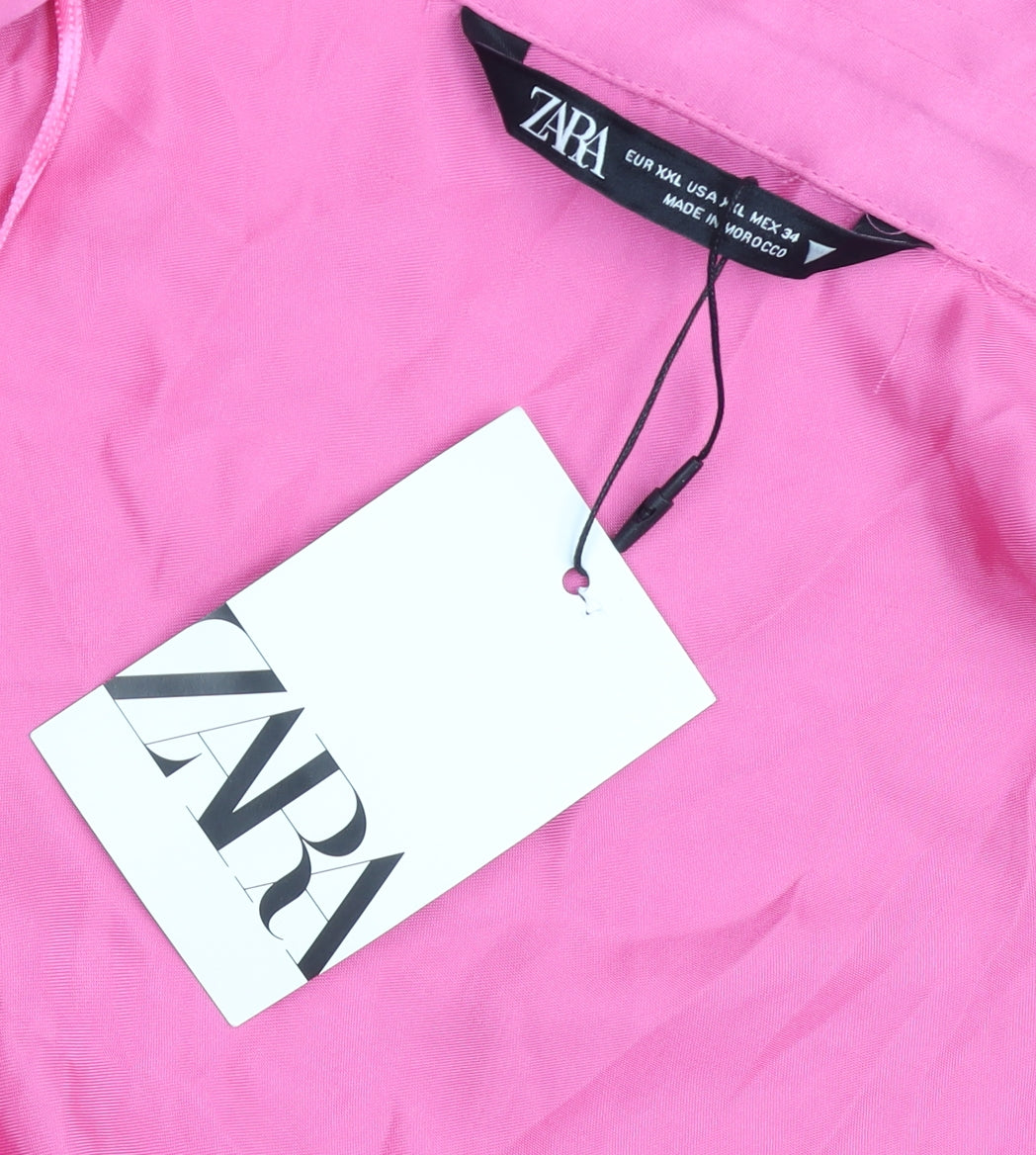 Zara Women Pink 2XL Satin Wrap Dress Long Sleeve Ruched Party