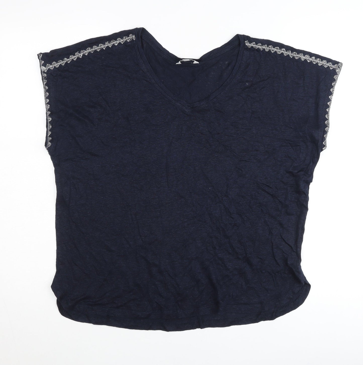 Monsoon Womens Blue Linen Embroidered V-Neck T-Shirt L