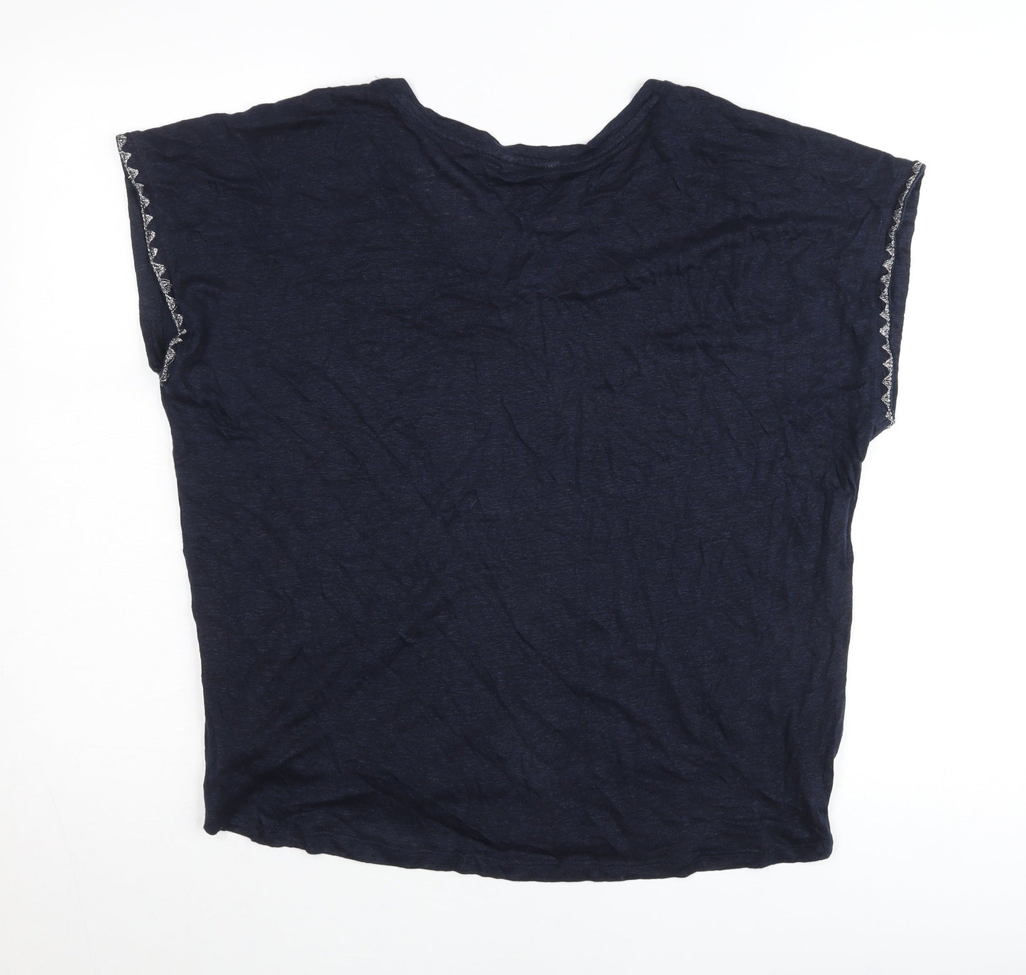 Monsoon Womens Blue Linen Embroidered V-Neck T-Shirt L
