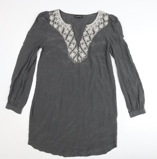 Warehouse Women’s Grey Silk Shift Dress UK 12 Long Sleeve V-Neck Embroidered