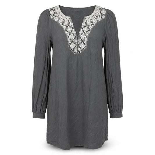 Warehouse Women’s Grey Silk Shift Dress UK 12 Long Sleeve V-Neck Embroidered