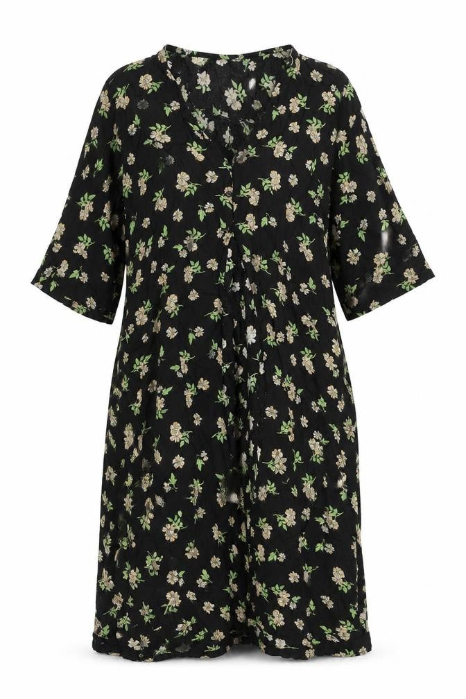 Front view of Atmosphere Women Black Floral Shift Dress, size 10, V-Neck Short Sleeve