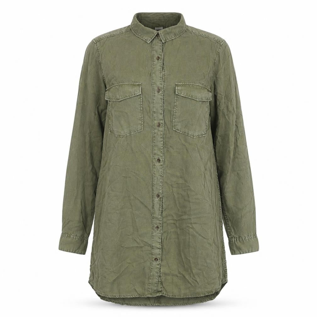 H&M Women Green Shirt Dress Size 10 Lyocell Collared Long Sleeve