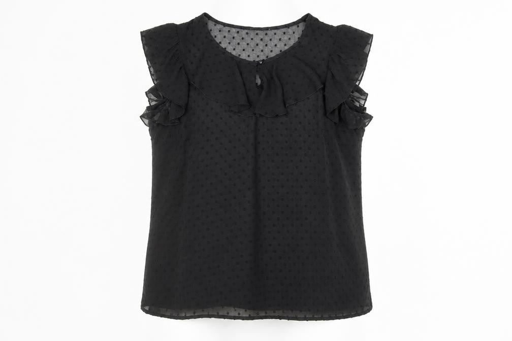 Klass Women’s Black Chiffon Ruffle Polka Dot Blouse Size 14