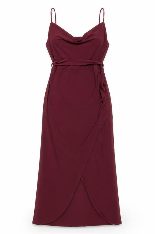 LOVE Women’s Red Size 12 Slip Maxi Dress Cowl Neck Belted