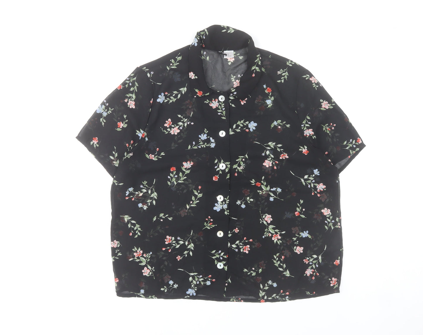 H&M Women’s Black Floral Button-Up Chiffon Shirt Top Size 12