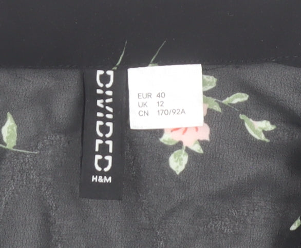 H&M Women’s Black Floral Button-Up Chiffon Shirt Top Size 12