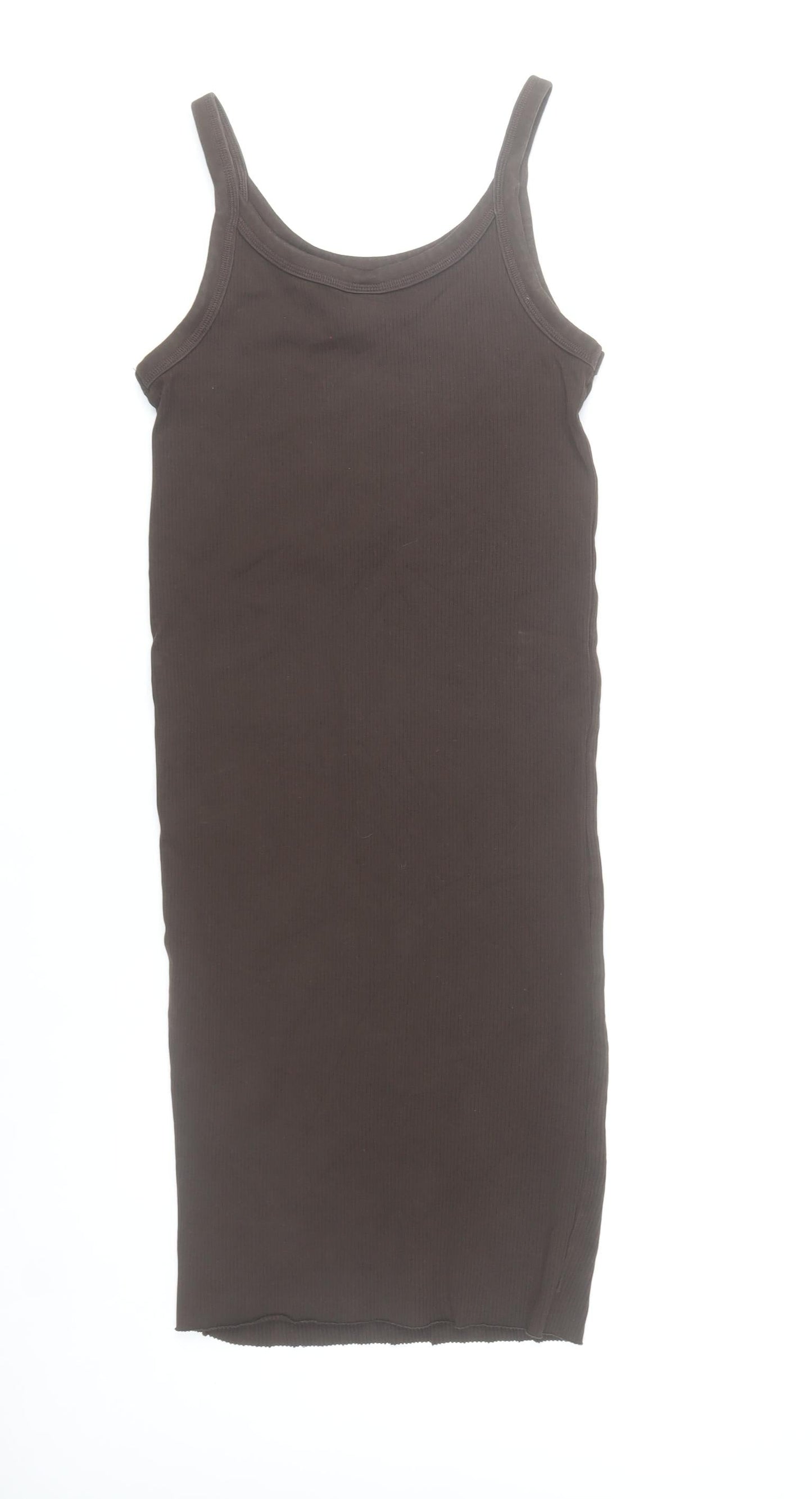 H&M Women Brown Tank Midi Dress Size 8 Cotton Stretch Scoop Neck