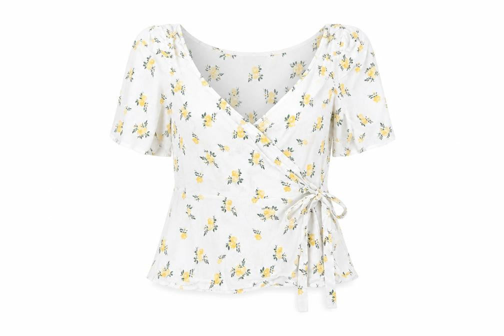 Front view of ASOS Women’s White Floral Wrap Blouse UK 10 Summer Puff Sleeve