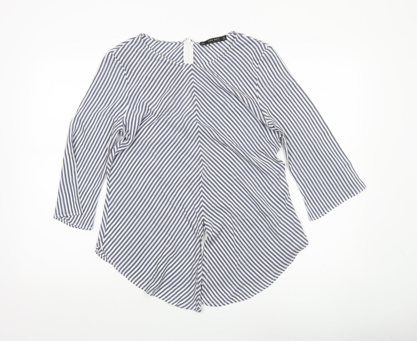 Zara Women Blue Striped Blouse Size 12 Round Neck 3/4 Sleeve