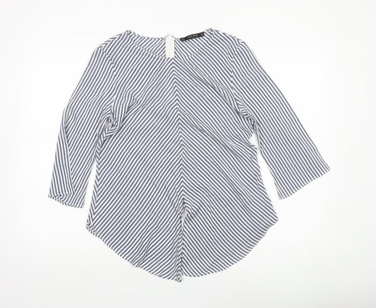 Zara Women Blue Striped Blouse Size 12 Round Neck 3/4 Sleeve