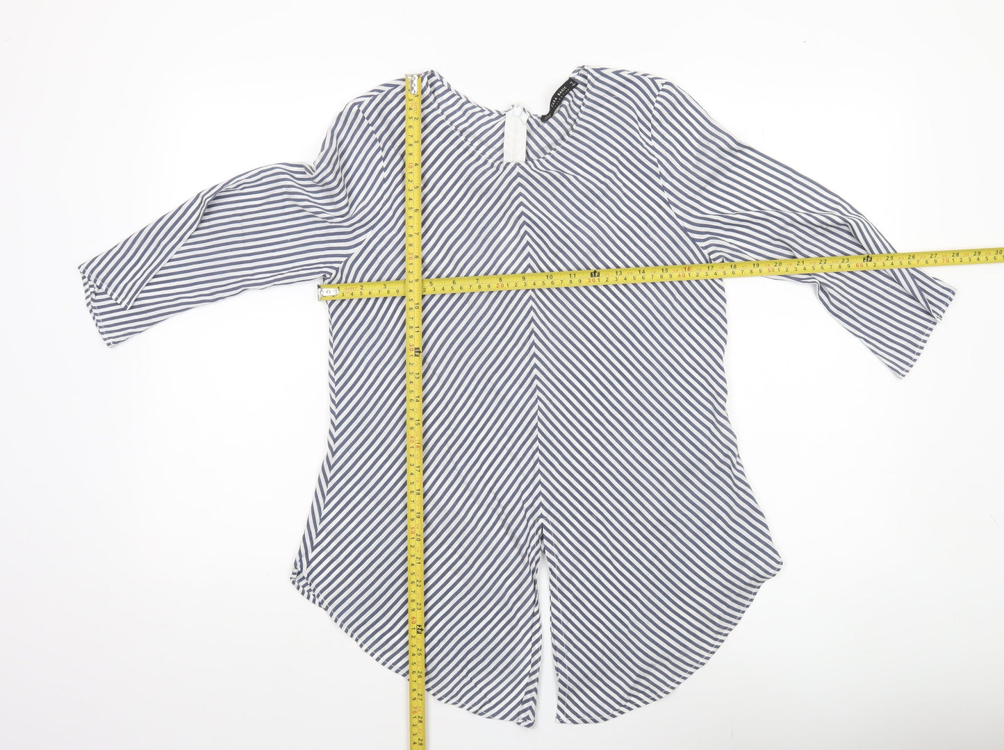 Zara Women Blue Striped Blouse Size 12 Round Neck 3/4 Sleeve