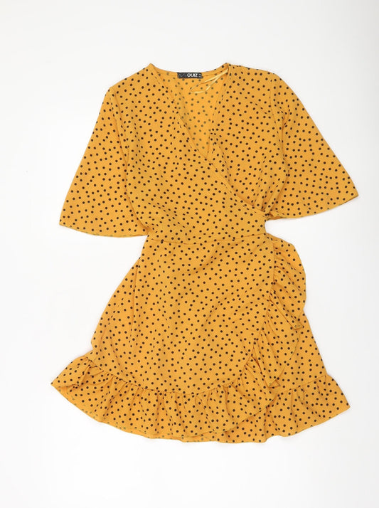 Quiz Women Yellow Polka Dot Wrap Mini Dress Size 8 Ruffle Hem