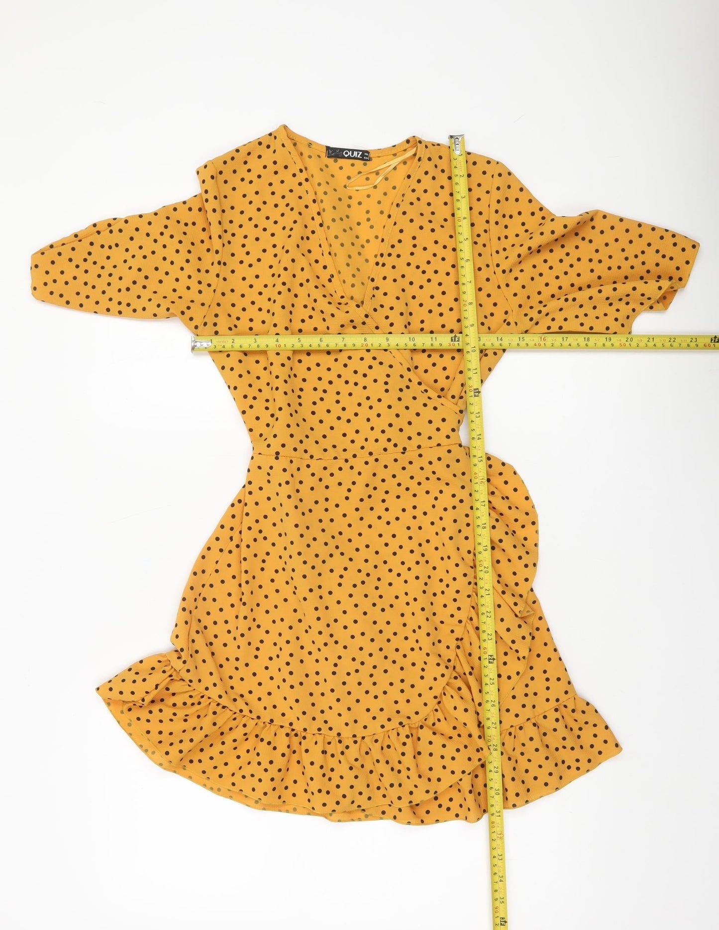Quiz Women Yellow Polka Dot Wrap Mini Dress Size 8 Ruffle Hem