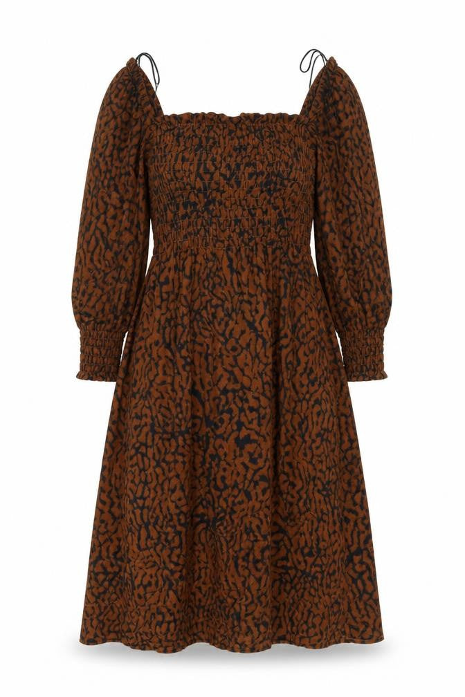 H&M Women’s Brown Animal Print Midi Smocked Dress Size 8