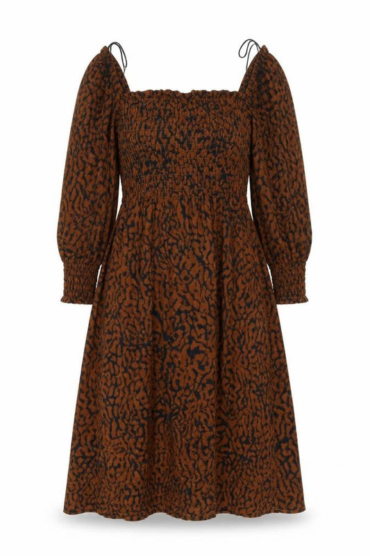 H&M Women’s Brown Animal Print Midi Smocked Dress Size 8