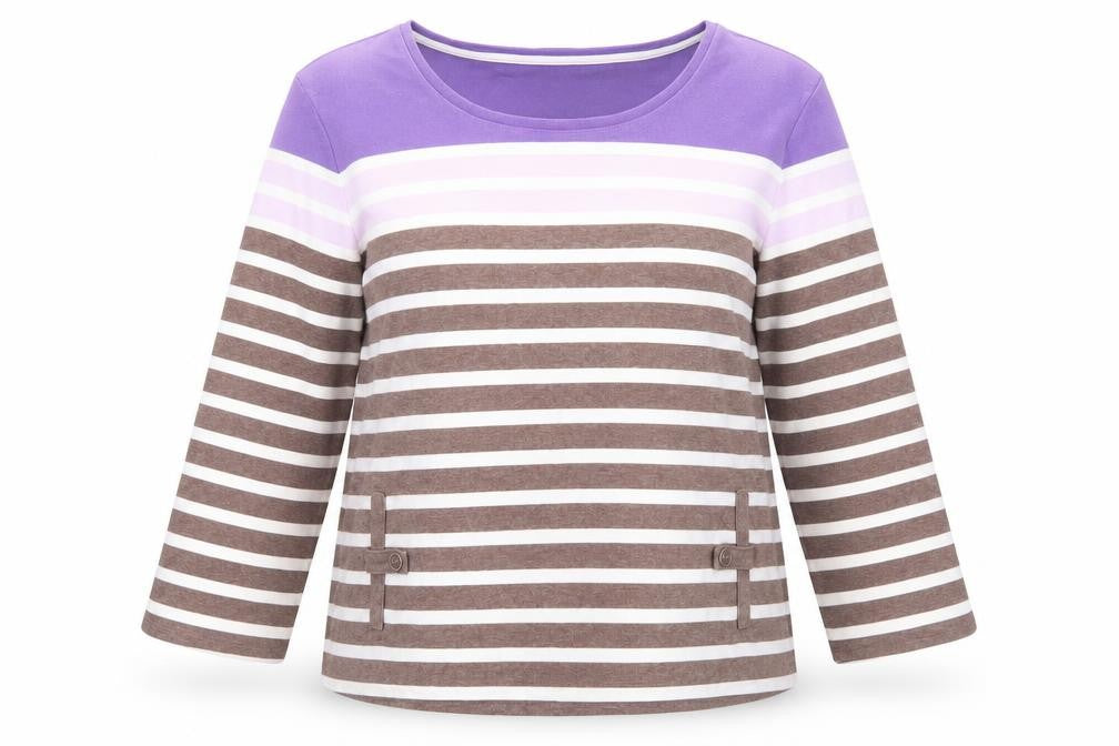 Viyella Women’s Purple Brown Striped Cotton Top L 3/4 Sleeve