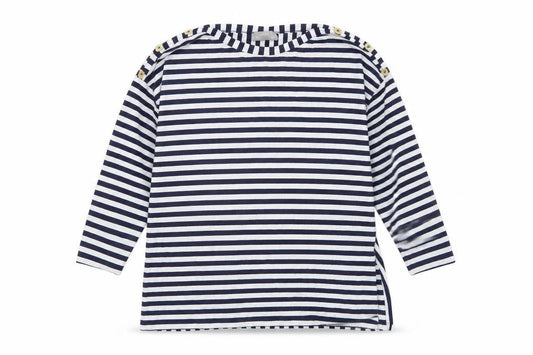 Maria Bellentani Women’s Blue White Striped Boat Neck 3/4 Sleeve Top L