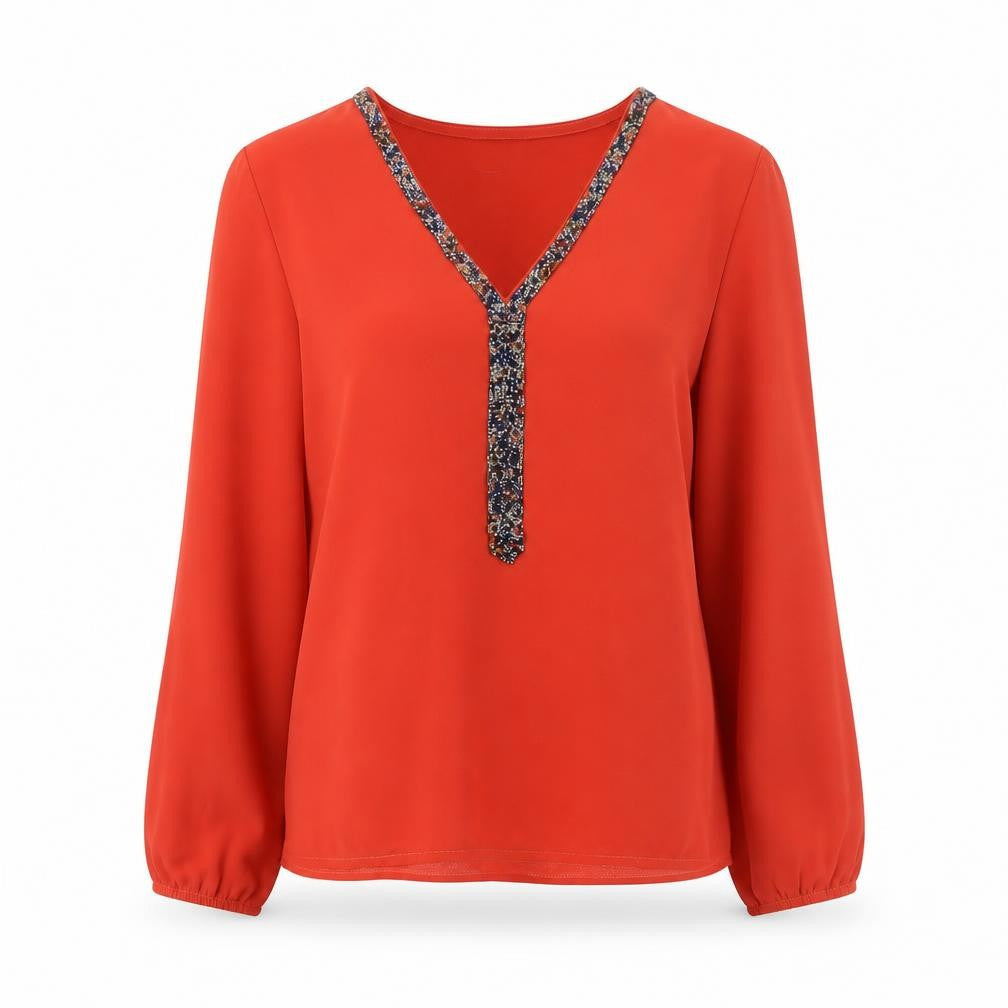 Vila Joy Womens Red V-Neck Beaded Tunic Blouse Size S