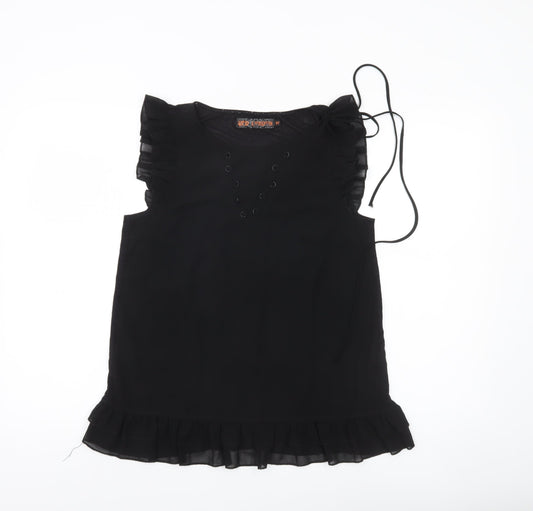 QED London Womens Black Ruffle Tunic Blouse Size 10 Sleeveless