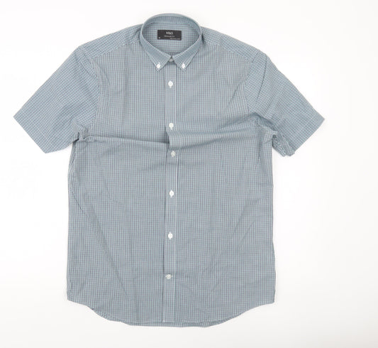 Marks and Spencer Men’s Blue Check Short Sleeve Shirt 15in Regular Fit