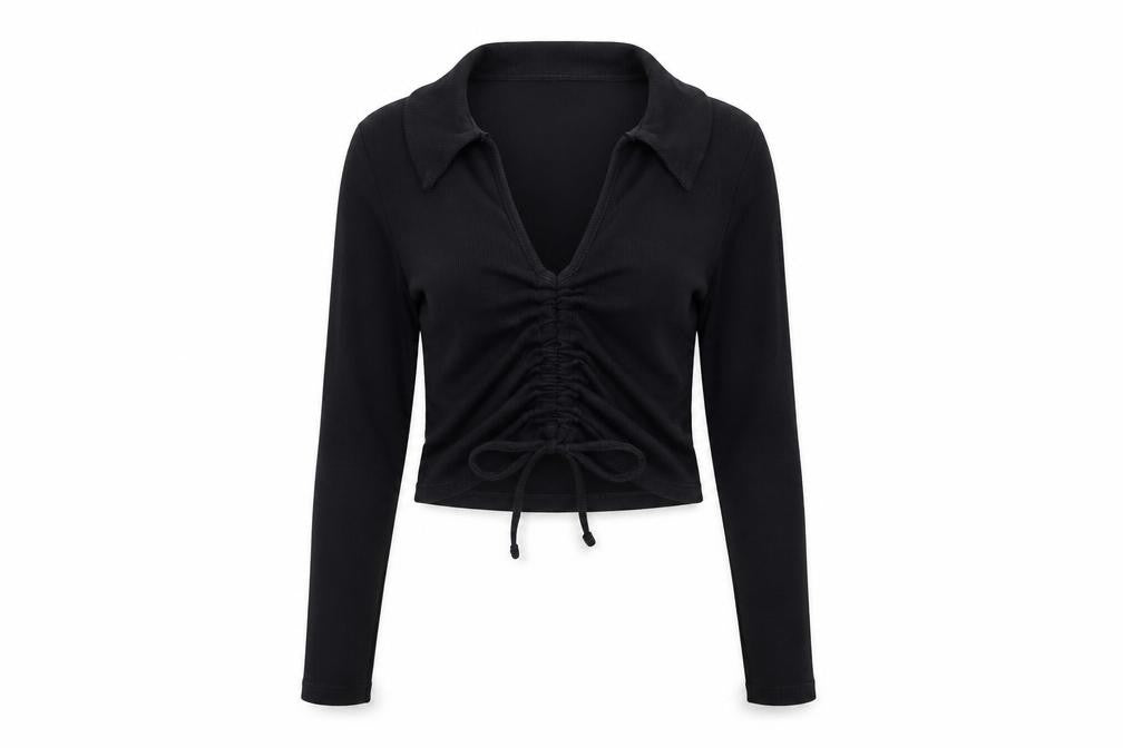 New Look Womens Black Size 12 Collared Cropped Ruched Blouse Top