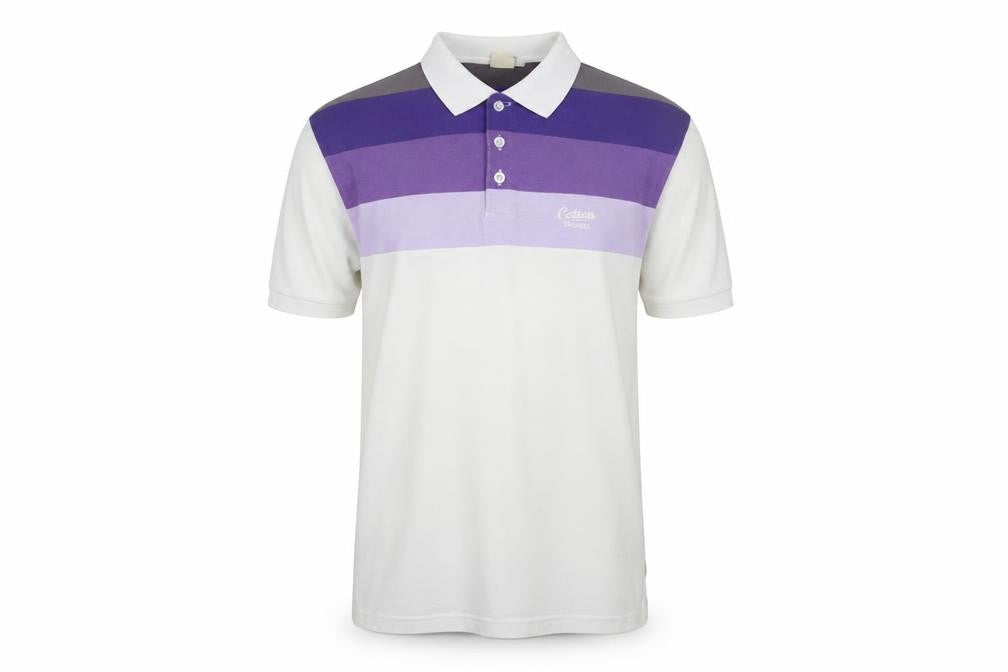 Cotton Traders Men’s White Purple Striped Polo Shirt Size M Short Sleeve