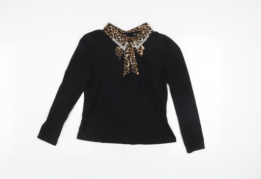 QED London Women Black Leopard Collar Beaded Bow Long Sleeve Blouse L