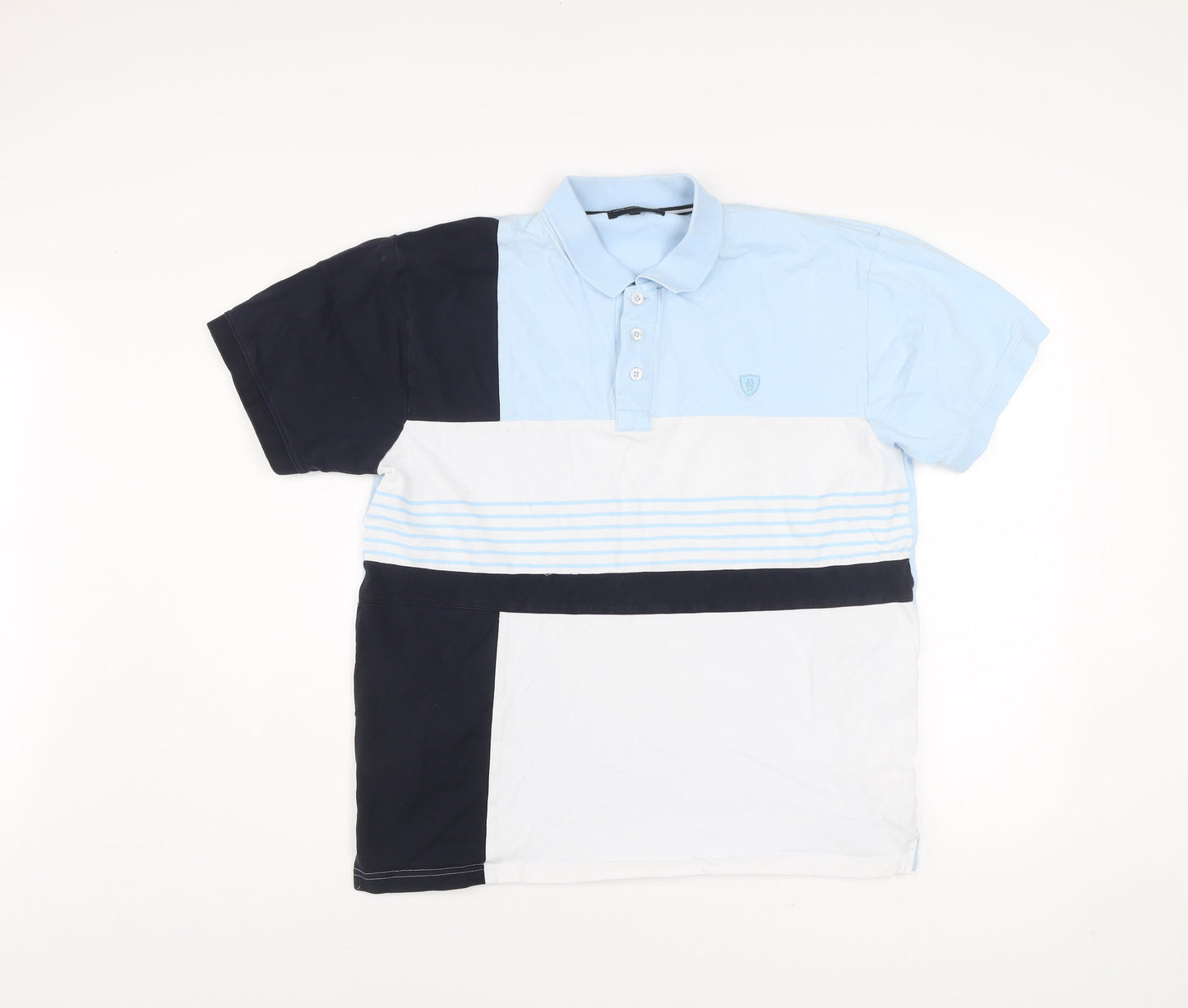 Charles Norton Mens Polo Shirt Blue White Black L Colourblock Cotton