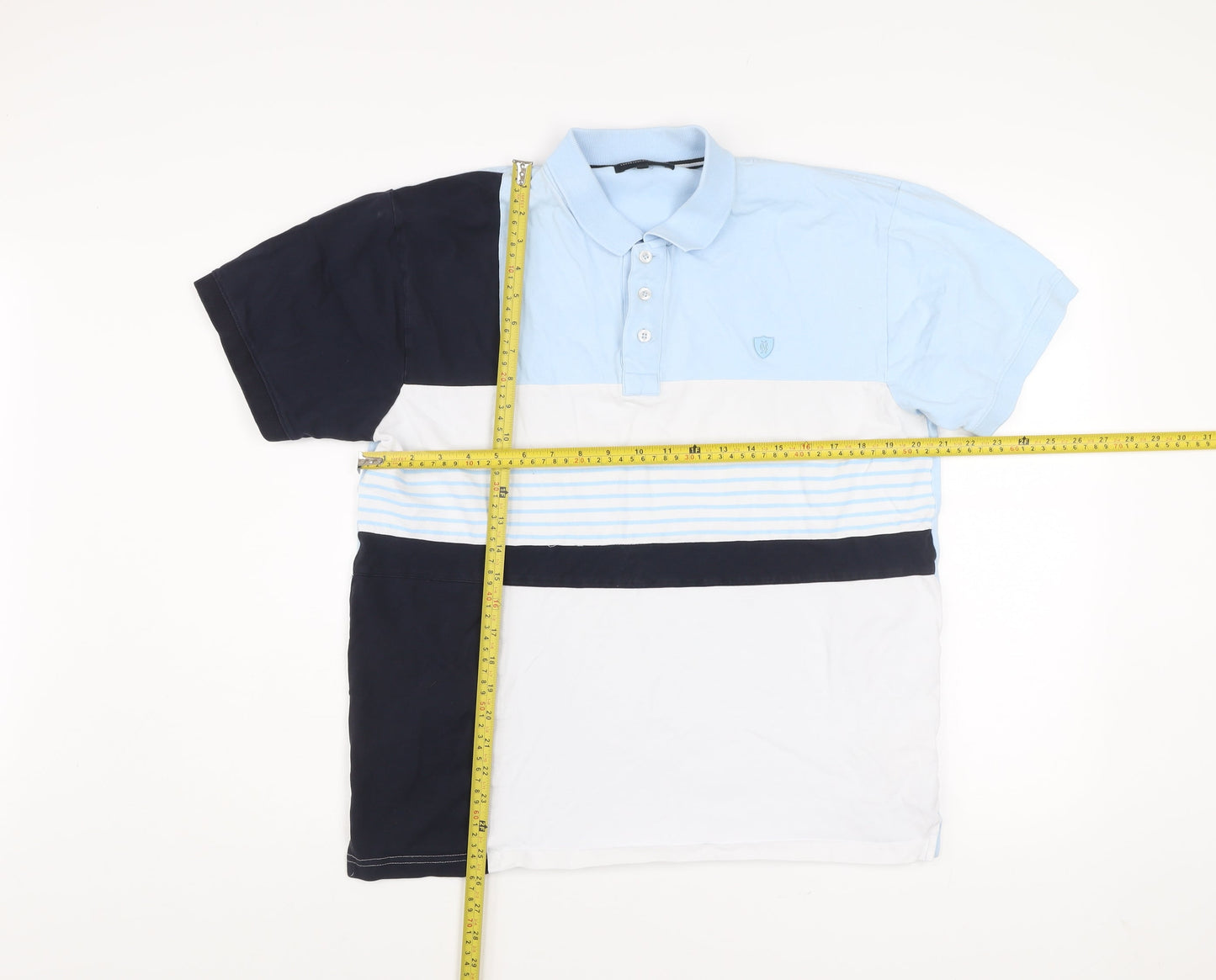 Charles Norton Mens Polo Shirt Blue White Black L Colourblock Cotton