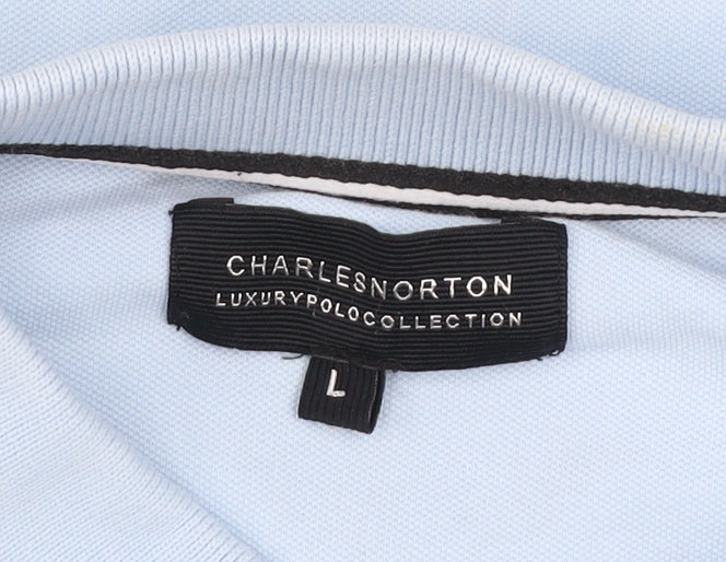 Charles Norton Mens Polo Shirt Blue White Black L Colourblock Cotton