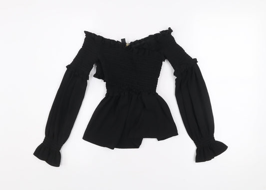 Lipsy Women Black Off Shoulder Ruffle Blouse Size 4 Tunic Style