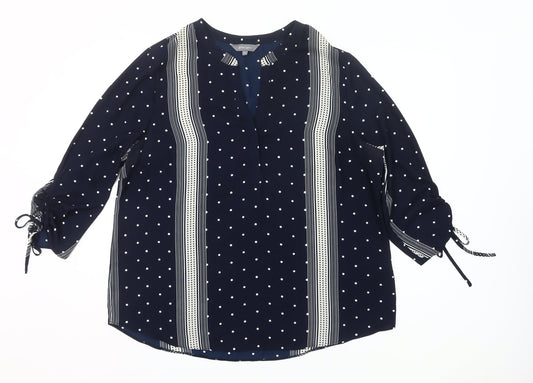 Principles Women Blue Polka Dot Tunic Blouse Size 18 V-Neck 3/4 Sleeve