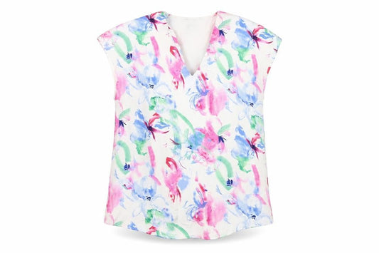 Front view of Dunnes Women’s Multicoloured Floral Sleeveless Tunic Blouse, size UK 8