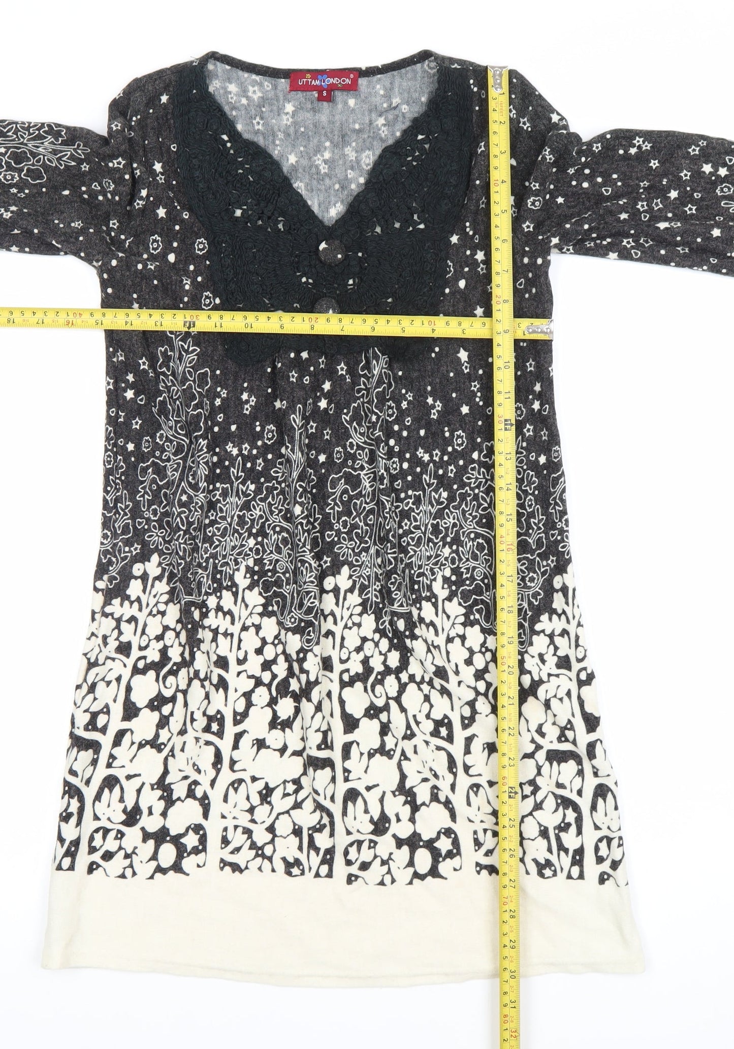 Uttam London Womens Black Floral Knit Shift Dress Size S Long Sleeve