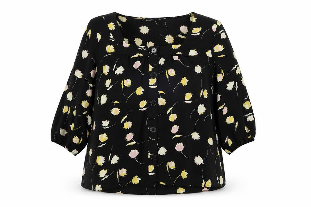 George Women’s Black Floral Blouse Size 16 Puff Sleeve Tunic