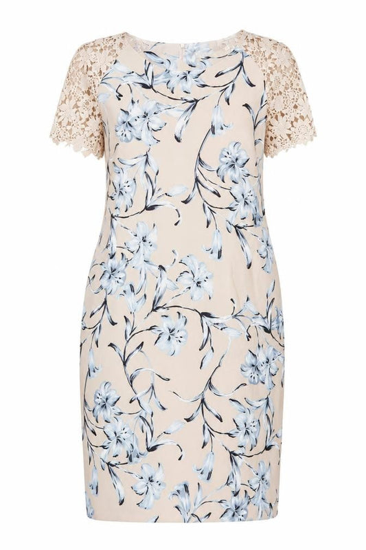 Bonmarché Women’s Beige Blue Floral Lace Knee Length Sheath Dress Size 18