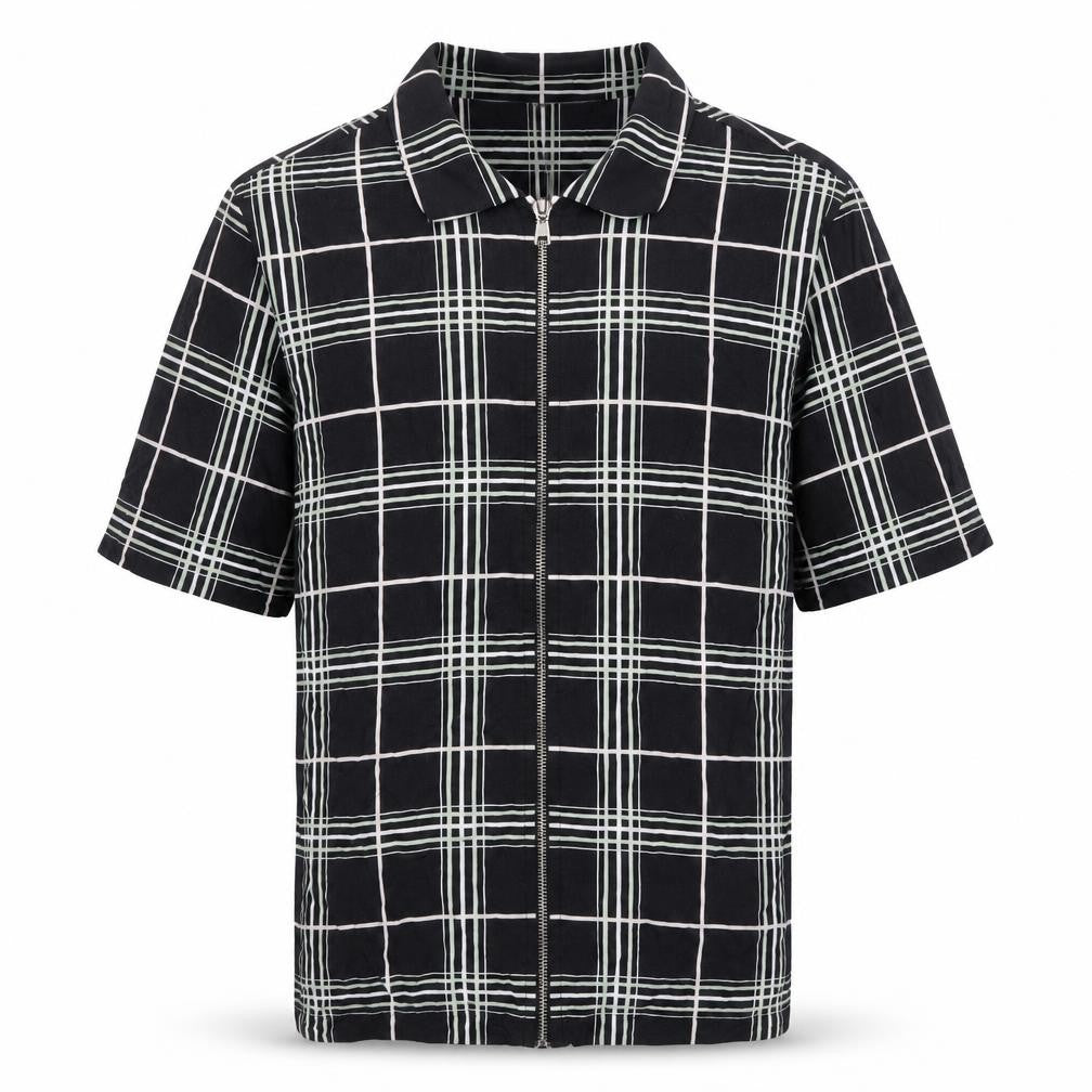 River Island Men’s Black Check Collared Short Sleeve Zip Shirt M