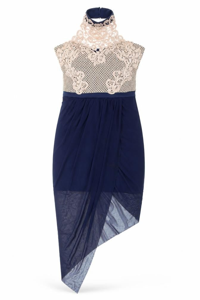 MKE Women’s Blue Beige Lace Halter Bodycon Midi Dress S