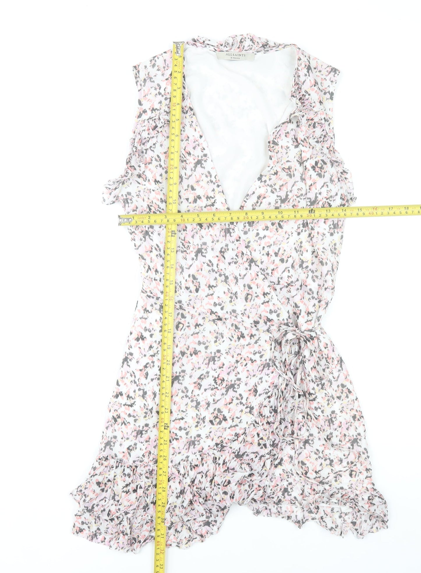 AllSaints Women’s Multicoloured XS Floral Wrap Dress Sleeveless Ruffle