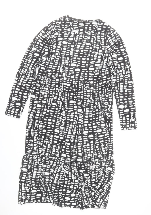 F&F Women’s Black White Midi Shift Dress Size 12 Long Sleeve Geometric