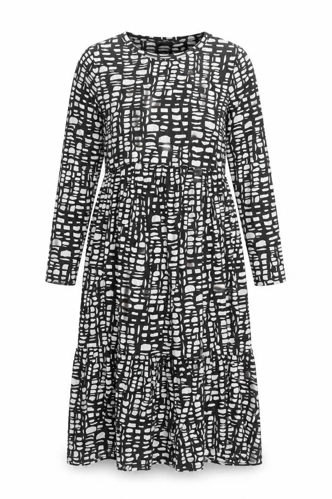 F&F Women’s Black White Midi Shift Dress Size 12 Long Sleeve Geometric
