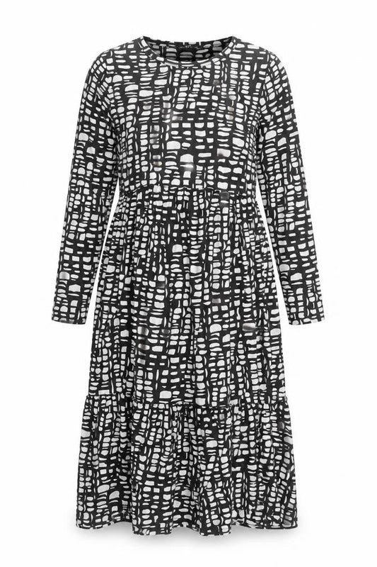 F&F Women’s Black White Midi Shift Dress Size 12 Long Sleeve Geometric