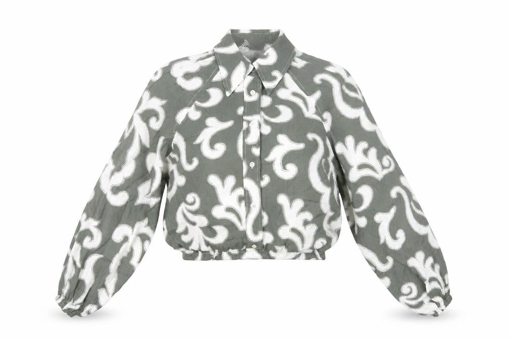 Mint Velvet Women’s Green Floral Blouse XS Long Sleeve Cropped