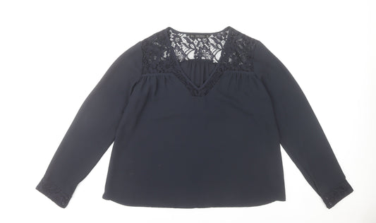 Zara Women Black Lace V-Neck Long Sleeve Tunic Blouse Size 12